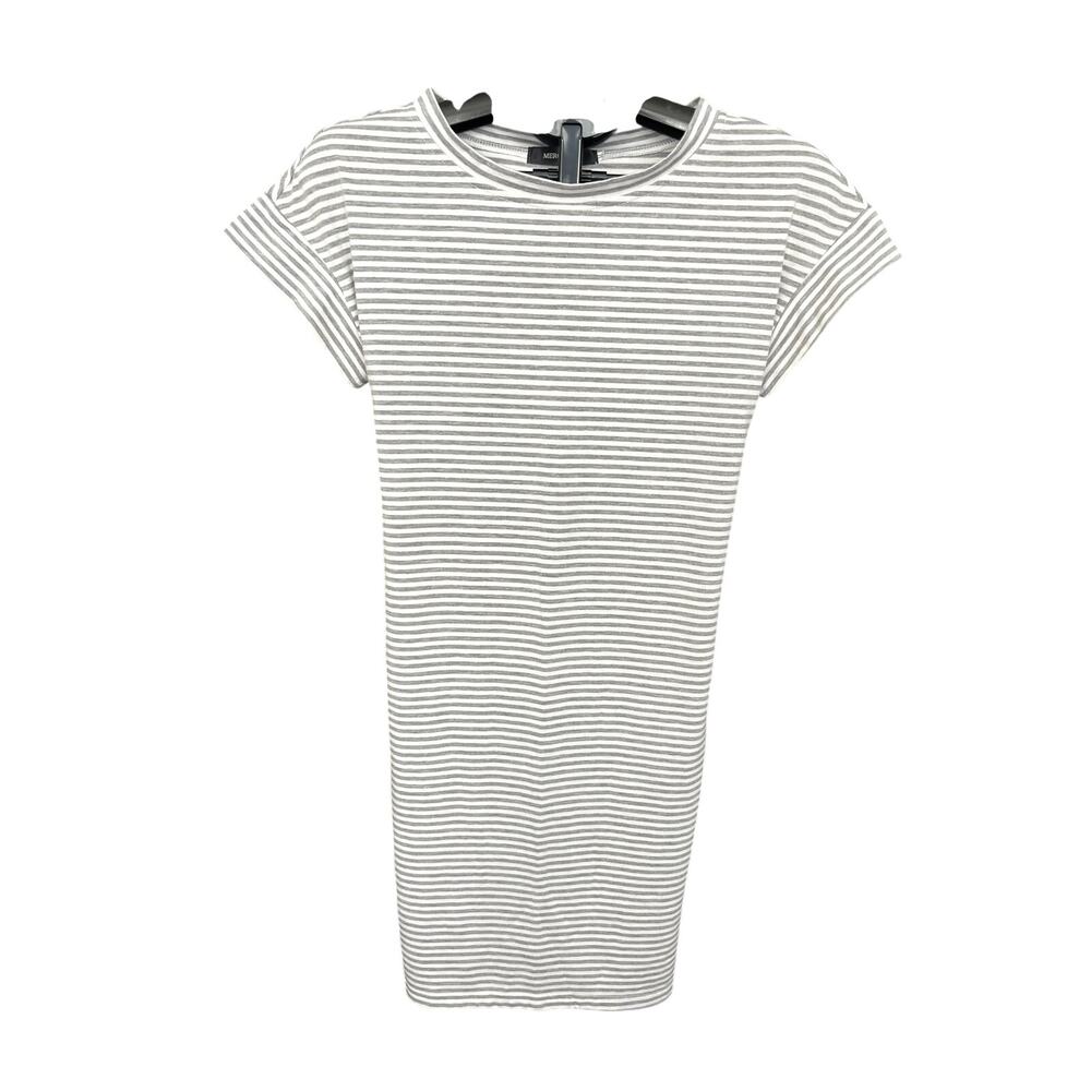 MEROKEETY Women M Gray White Striped T Shirt Dress Belted Midi Casual